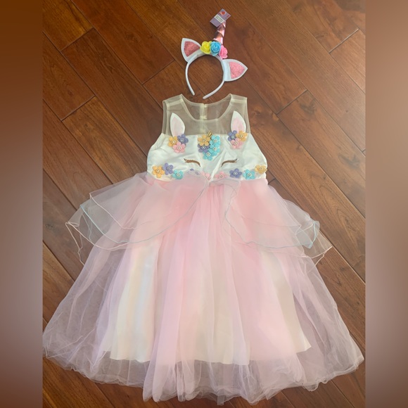 Jerris Apparel Pink Unicorn Flower fancy Dress Headband Size 150 9/10 HALLOWEEN - Picture 1 of 16